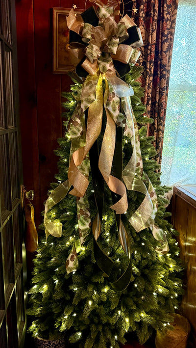 The Yvaine Green & Gold Christmas Tree Topper Bow, XL Velvet Luxury Ribbon Topper