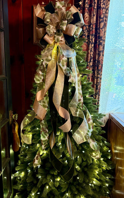 The Yvaine Green & Gold Christmas Tree Topper Bow, XL Velvet Luxury Ribbon Topper