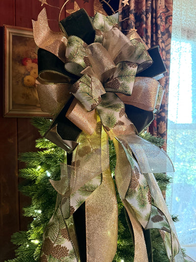 The Yvaine Green & Gold Christmas Tree Topper Bow, XL Velvet Luxury Ribbon Topper