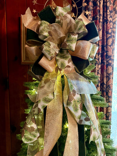 The Yvaine Green & Gold Christmas Tree Topper Bow, XL Velvet Luxury Ribbon Topper