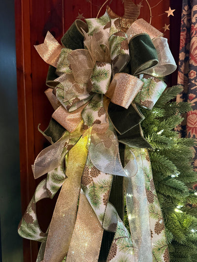The Yvaine Green & Gold Christmas Tree Topper Bow, XL Velvet Luxury Ribbon Topper