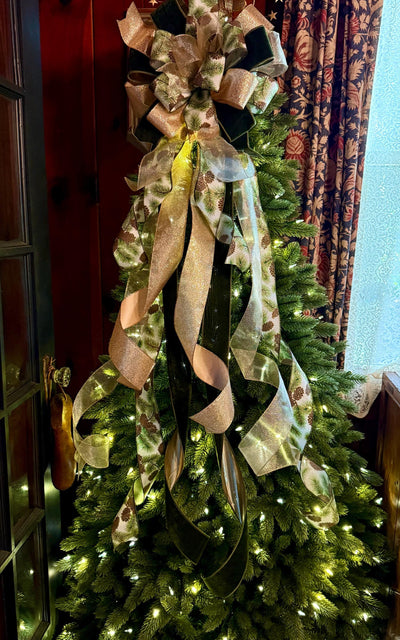 The Yvaine Green & Gold Christmas Tree Topper Bow, XL Velvet Luxury Ribbon Topper