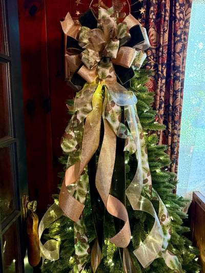 The Yvaine Green & Gold Christmas Tree Topper Bow, XL Velvet Luxury Ribbon Topper