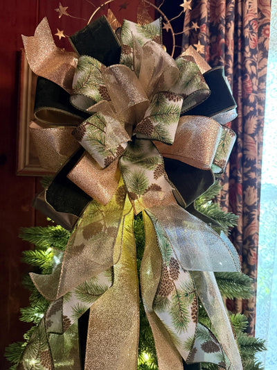 The Yvaine Green & Gold Christmas Tree Topper Bow, XL Velvet Luxury Ribbon Topper