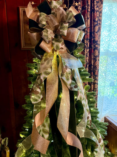 The Yvaine Green & Gold Christmas Tree Topper Bow, XL Velvet Luxury Ribbon Topper