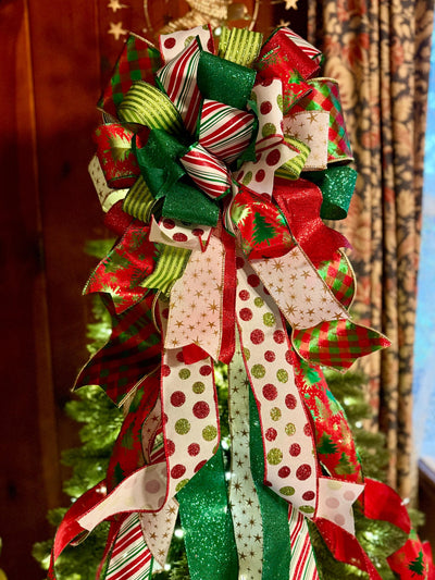 The Clarice Red White & Lime Green Whimsical Christmas Tree Topper Bow, XL Tree bow, long streamer bow, tree trimming bow, grinch bow