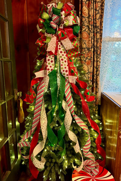 The Clarice Red White & Lime Green Whimsical Christmas Tree Topper Bow, XL Tree bow, long streamer bow, tree trimming bow, grinch bow