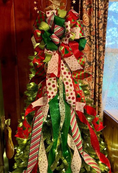 The Clarice Red White & Lime Green Whimsical Christmas Tree Topper Bow, XL Tree bow, long streamer bow, tree trimming bow, grinch bow