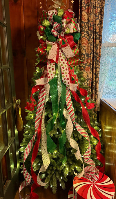 The Clarice Red White & Lime Green Whimsical Christmas Tree Topper Bow, XL Tree bow, long streamer bow, tree trimming bow, grinch bow