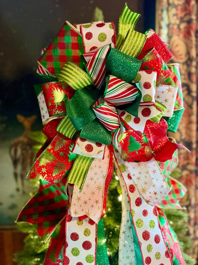 The Clarice Red White & Lime Green Whimsical Christmas Tree Topper Bow, XL Tree bow, long streamer bow, tree trimming bow, grinch bow