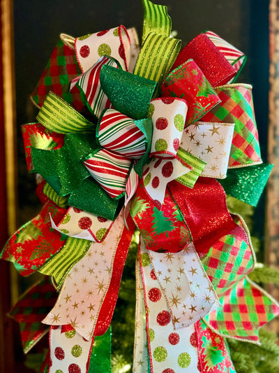 The Clarice Red White & Lime Green Whimsical Christmas Tree Topper Bow, XL Tree bow, long streamer bow, tree trimming bow, grinch bow