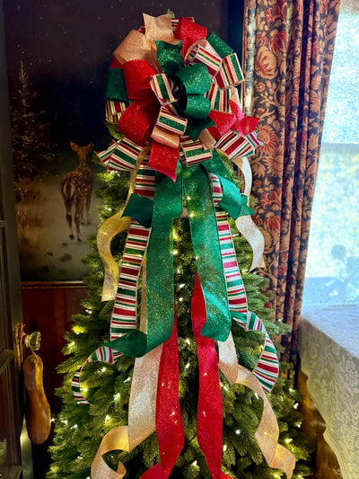 The Nicole Red Green Gold Christmas Tree Topper Bow, Retro Glitter Holiday Decor, bow for wreaths, long streamer bow, bow for tree