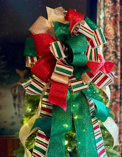 The Nicole Red Green Gold Christmas Tree Topper Bow, Retro Glitter Holiday Decor, bow for wreaths, long streamer bow, bow for tree