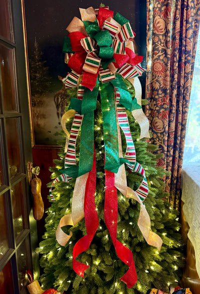 The Nicole Red Green Gold Christmas Tree Topper Bow, Retro Glitter Holiday Decor, bow for wreaths, long streamer bow, bow for tree