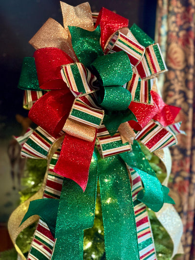 The Nicole Red Green Gold Christmas Tree Topper Bow, Retro Glitter Holiday Decor, bow for wreaths, long streamer bow, bow for tree