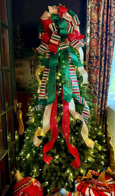 The Nicole Red Green Gold Christmas Tree Topper Bow, Retro Glitter Holiday Decor, bow for wreaths, long streamer bow, bow for tree