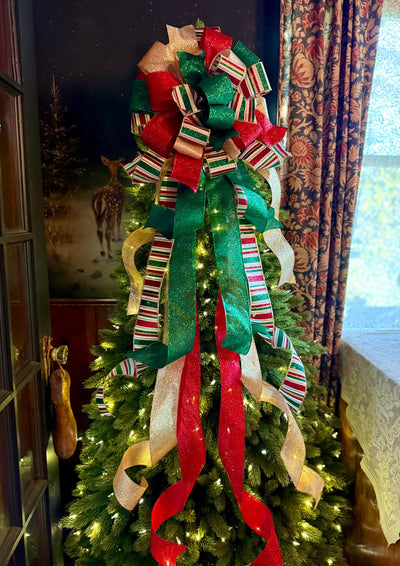 The Nicole Red Green Gold Christmas Tree Topper Bow, Retro Glitter Holiday Decor, bow for wreaths, long streamer bow, bow for tree