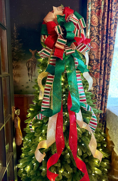 The Nicole Red Green Gold Christmas Tree Topper Bow, Retro Glitter Holiday Decor, bow for wreaths, long streamer bow, bow for tree