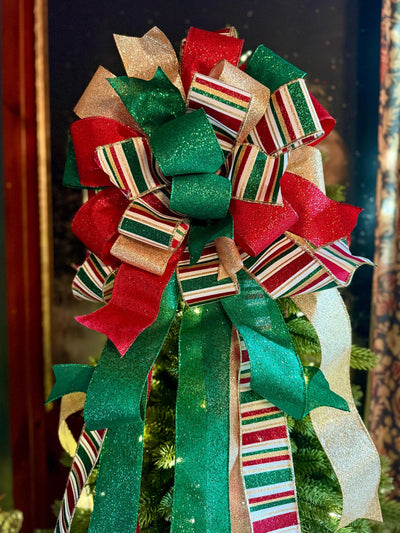 The Nicole Red Green Gold Christmas Tree Topper Bow, Retro Glitter Holiday Decor, bow for wreaths, long streamer bow, bow for tree