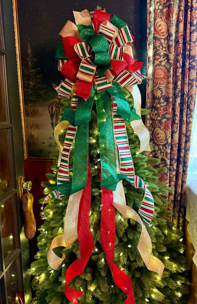The Nicole Red Green Gold Christmas Tree Topper Bow, Retro Glitter Holiday Decor, bow for wreaths, long streamer bow, bow for tree
