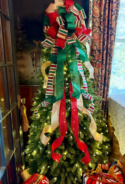 The Nicole Red Green Gold Christmas Tree Topper Bow, Retro Glitter Holiday Decor, bow for wreaths, long streamer bow, bow for tree
