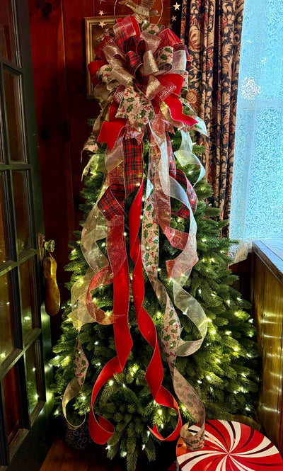 The Charlize Red & Gold Christmas Tree Topper Bow, Cardinal red velvet, long streamer bow, gold christmas tree bow, big red bow for tree