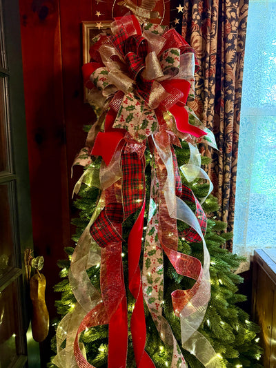 The Charlize Red & Gold Christmas Tree Topper Bow, Cardinal red velvet, long streamer bow, gold christmas tree bow, big red bow for tree