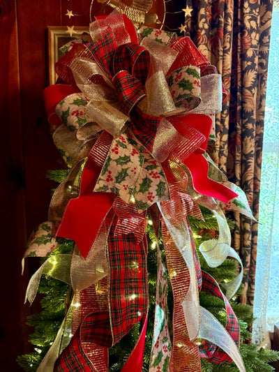 The Charlize Red & Gold Christmas Tree Topper Bow, Cardinal red velvet, long streamer bow, gold christmas tree bow, big red bow for tree