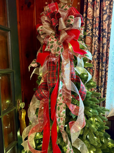 The Charlize Red & Gold Christmas Tree Topper Bow, Cardinal red velvet, long streamer bow, gold christmas tree bow, big red bow for tree