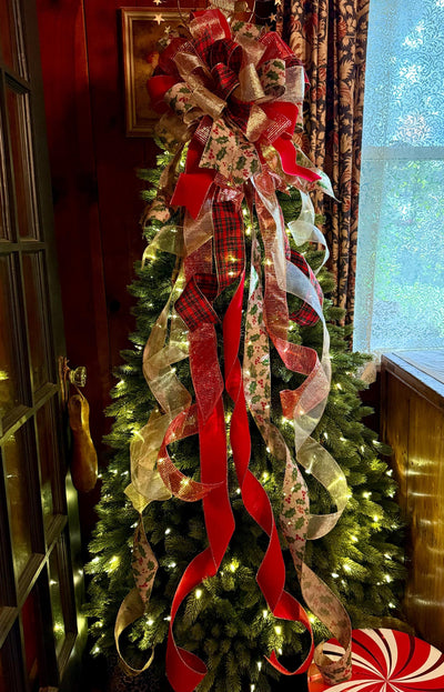 The Charlize Red & Gold Christmas Tree Topper Bow, Cardinal red velvet, long streamer bow, gold christmas tree bow, big red bow for tree