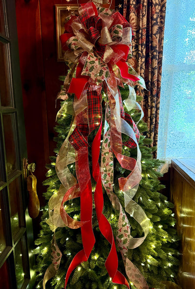 The Charlize Red & Gold Christmas Tree Topper Bow, Cardinal red velvet, long streamer bow, gold christmas tree bow, big red bow for tree