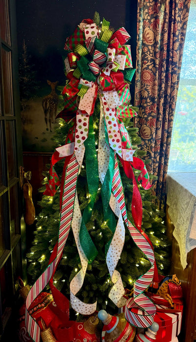 The Clarice Red White & Lime Green Whimsical Christmas Tree Topper Bow, XL Tree bow, long streamer bow, tree trimming bow, grinch bow