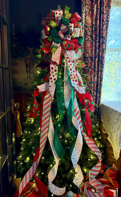 The Clarice Red White & Lime Green Whimsical Christmas Tree Topper Bow, XL Tree bow, long streamer bow, tree trimming bow, grinch bow