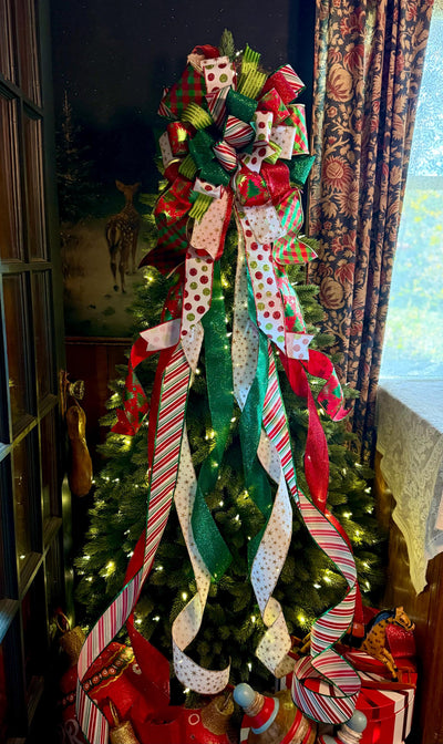 The Clarice Red White & Lime Green Whimsical Christmas Tree Topper Bow, XL Tree bow, long streamer bow, tree trimming bow, grinch bow