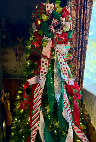 The Clarice Red White & Lime Green Whimsical Christmas Tree Topper Bow, XL Tree bow, long streamer bow, tree trimming bow, grinch bow