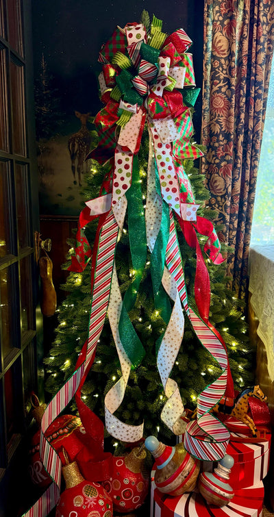 The Clarice Red White & Lime Green Whimsical Christmas Tree Topper Bow, XL Tree bow, long streamer bow, tree trimming bow, grinch bow