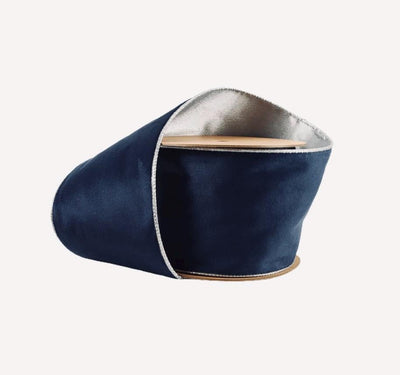 Navy Blue Velvet Ribbon | Silver Satin, Wired Edge (10 Yard Roll)