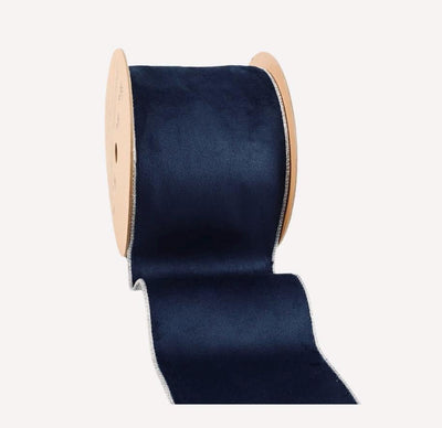 Navy Blue Velvet Ribbon | Silver Satin, Wired Edge (10 Yard Roll)