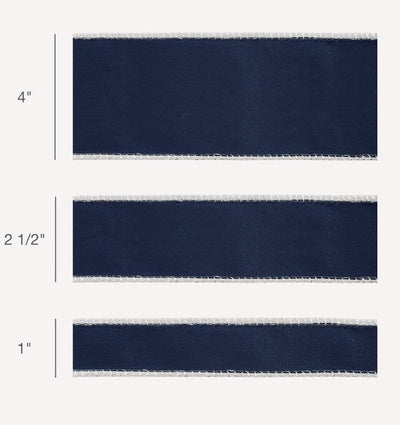 Navy Blue Velvet Ribbon | Silver Satin, Wired Edge (10 Yard Roll)