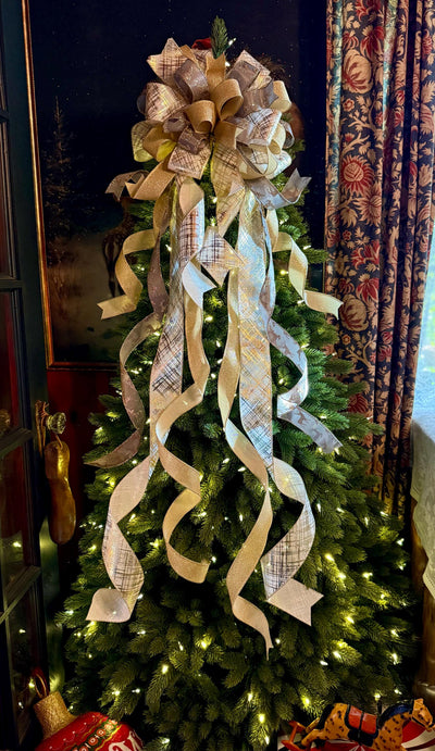 Prancer Gold & Silver Christmas Tree Topper Bow, Snowflake Ribbon, Long Streamers