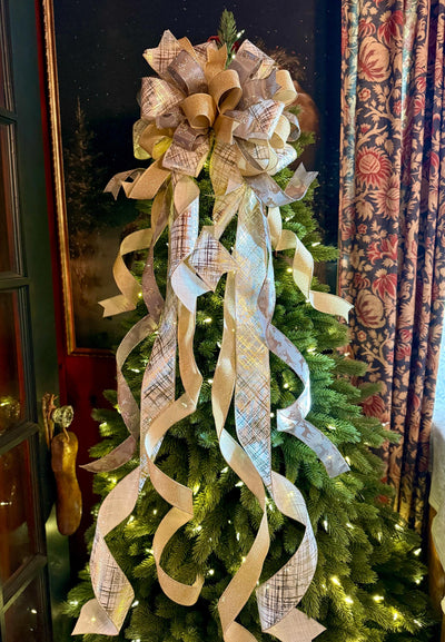Prancer Gold & Silver Christmas Tree Topper Bow, Snowflake Ribbon, Long Streamers