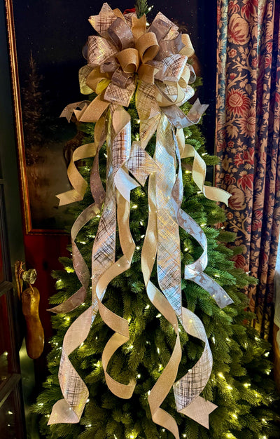 Prancer Gold & Silver Christmas Tree Topper Bow, Snowflake Ribbon, Long Streamers