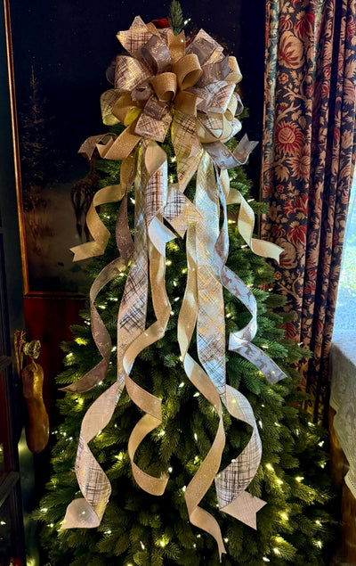 Prancer Gold & Silver Christmas Tree Topper Bow, Snowflake Ribbon, Long Streamers
