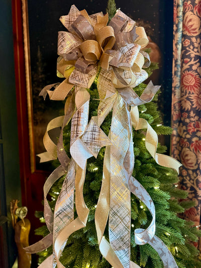 Prancer Gold & Silver Christmas Tree Topper Bow, Snowflake Ribbon, Long Streamers