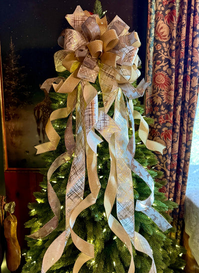 Prancer Gold & Silver Christmas Tree Topper Bow, Snowflake Ribbon, Long Streamers