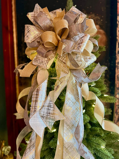 Prancer Gold & Silver Christmas Tree Topper Bow, Snowflake Ribbon, Long Streamers