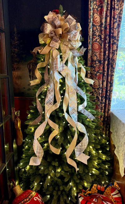 Prancer Gold & Silver Christmas Tree Topper Bow, Snowflake Ribbon, Long Streamers
