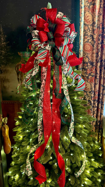 The Etta Red Green & White Christmas Tree Topper Bow, cottage bow, bow for wreaths, long streamer bow, christmas tree bow, tree trimming bow