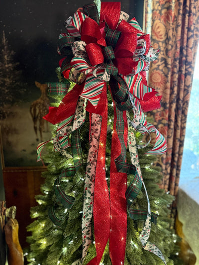 The Etta Red Green & White Christmas Tree Topper Bow, cottage bow, bow for wreaths, long streamer bow, christmas tree bow, tree trimming bow