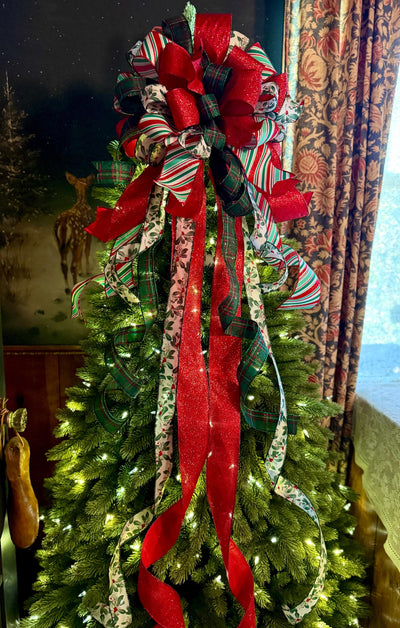 The Etta Red Green & White Christmas Tree Topper Bow, cottage bow, bow for wreaths, long streamer bow, christmas tree bow, tree trimming bow